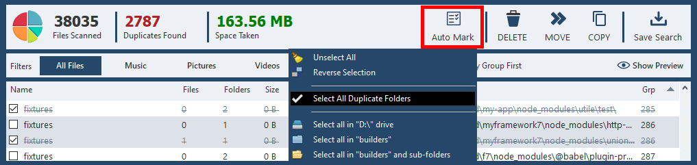 Duplicate Folders Selection